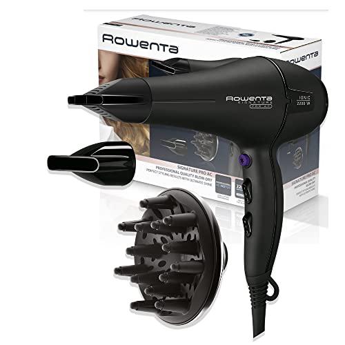 Rowenta Signature Pro CV7840 - Secador de pelo profesional, motor Profesional AC de 2200W, función Iónica, 2 Velocidades y 3 Ajustes de temperatura con boquillas concentradoras y difusor, Color Negro