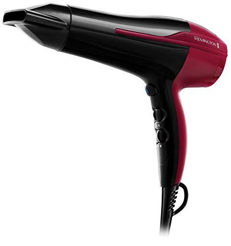 Remington Secador de Pelo, Iónico, Cabello Sin Encrespamiento, 2200 W, Concentrador, 3 Temperaturas, 2 Velocidades, Rejilla Cerámica, Gancho Para Colgar, Rejilla Desmontable, D5950, Negro, Rosa