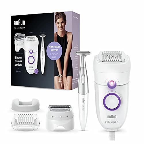 Braun Silk-épil 5-825 Power, Depiladora Eléctrica Mujer, Depilación Suave, Energía Ininterrumpida Con Cable, Cabezal De Rasurado, Capuchón De Recorte Y Perfiladora Zona Bikini, Blanco/Morado