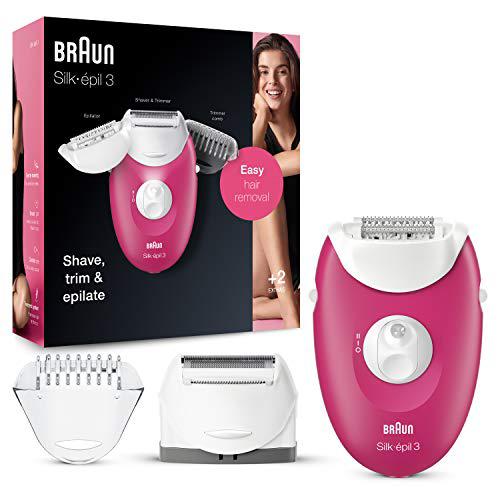 Braun Silk-épil 3 Depiladora Mujer 2 en 1 para Principiantes con Cabezal de Rasurado y Recorte, Sistema de 20 Pinzas, Luz Smartlight y Rodillos de Masaje, 3-410, Blanca/Rosa