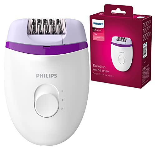 Philips BRE225/00 - Philips Depiladora Satinelle Essential BRE225/00 - Depiladora mujer para piernas con cable compacta, 2 ajustes de velocidad, blanco/morado