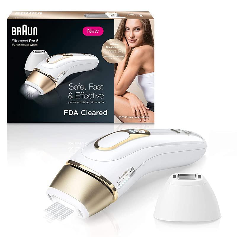 Braun Silk-expert Pro 5 Depiladora Mujer Luz Pulsada IPL, Cabezal de Precisión y Maquinilla de Afeitar Venus, Alternativa a la Depilación Láser en Casa, Regalos Originales para Mujer, PL 5137, Blanco