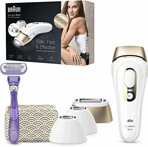 Braun Silk-expert Pro 5 Depiladora Mujer Luz Pulsada IPL con 2 Cabezales Standar y 2 de Precisión, Alternativa a la Depilación Láser en Casa, Regalos Originales para Mujer, PL 5137MN, Blanco/Dorado
