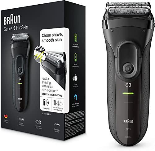Braun Series 3 ProSkin 3020s Afeitadora Eléctrica Hombre, Afeitadora Barba Inalámbrica y Recargable, Máquina de Afeitar para Hombre, Negro