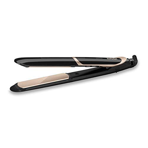 BaByliss ST393E Plancha de pelo profesional, iónica, placas flotantes extra largas de cerámica de titanio, 6 ajustes de 140ºC a 235ºC, modo intenso y protección, Color Negro