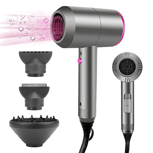 HappyGoo Secador de pelo de iones 2000w Secadores de pelo profesional con boquilla de cabeza de soplado, secador pelo de iónico negativos portátil de 3 temperaturas (frío y caliente), Gris