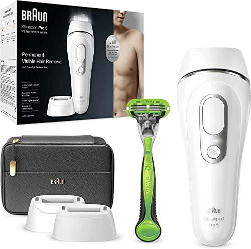 Braun Silk-expert Pro 5 Depiladora Hombre Luz Pulsada IPL, Cabezal de Precisión Ancho y Maquinilla Afeitar Gillette Body, Alternativa a la Depilación Láser en Casa, PL 5145, Última Generación, Blanca