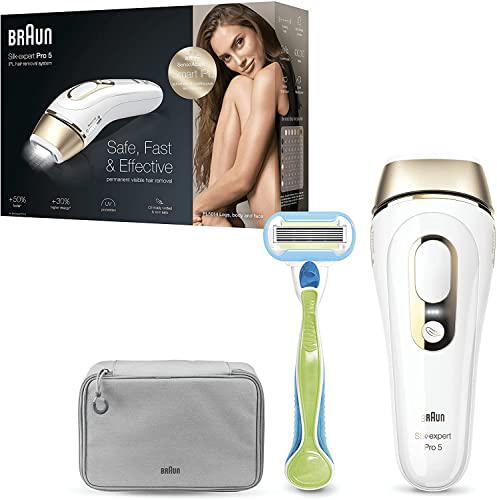 Braun Silk-expert Pro 5 Depiladora Mujer Luz Pulsada IPL y Maquinilla de Afeitar, Alternativa a la Depilación Láser en Casa, Unisex, PL 5014MN, Blanco/Dorado, Tamaño Único