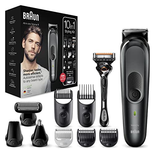 Braun Recortadora de Barba 10 en 1, Máquina Cortar Pelo, Cortapelos Hombre para Cara, Pelo, Orejas, Nariz y Cuerpo con Tecnología Autosense y Maquinilla Gillette, 8 Accesorios, 7 MGK7331, Negro/Gris