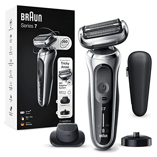 Braun Series 7 71-S4200cs Afeitadora Eléctrica Hombre, Máquina de Afeitar con Accesorio de Recortadora de Precisión, Base de Carga, 360° Flex, uso en Seco y en Mojado, Recargable, Inalámbrica, Plata