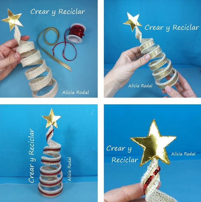 En el tutorial anterior les mostré 3 maneras diferentes de hacer los árboles en espiral. Con estos 3 diseños hice 5 pinos diferentes, para mostrarles 5 opciones para decorarlos, usando diferentes materiales.