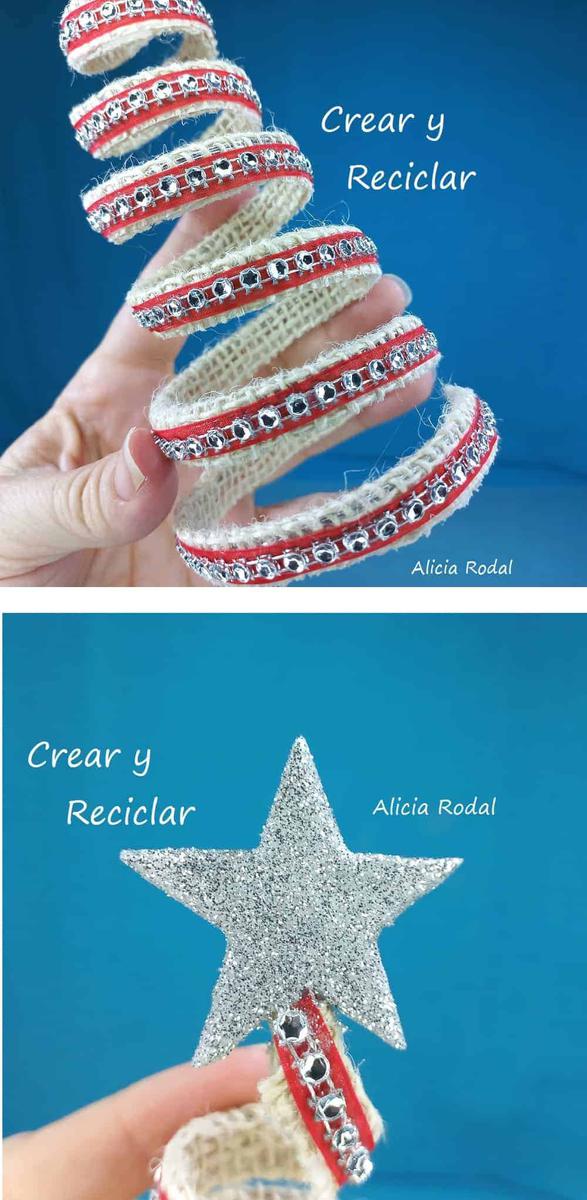 En el tutorial anterior les mostré 3 maneras diferentes de hacer los árboles en espiral. Con estos 3 diseños hice 5 pinos diferentes, para mostrarles 5 opciones para decorarlos, usando diferentes materiales.