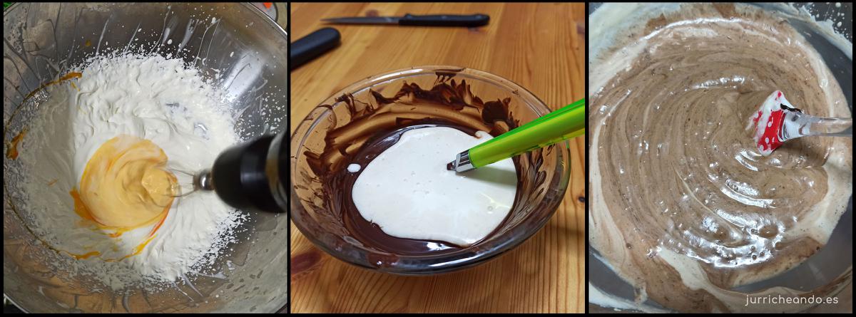 Montar nata (crema de leche). Añadir yemas y mezclar con chocolate derretido