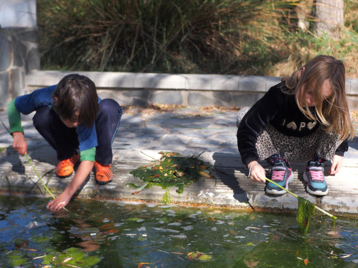 Niña y niño jugando con el agua y palos