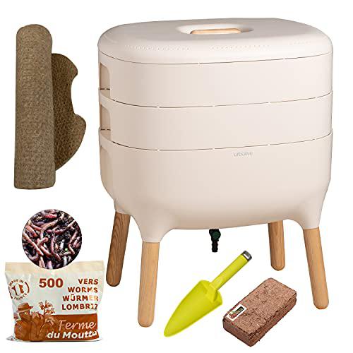 Urbalive Marfil, Kit Completo I Diseño de vermicompostador I 250g de Lombriz / 500 und. I Sustrato de iniciación I Estera de cáñamo + Pala I Interior, balcón y jardín