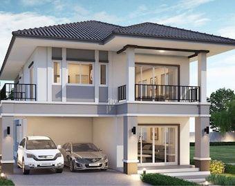 Fachadas de casas de dos niveles con techo a dos aguas