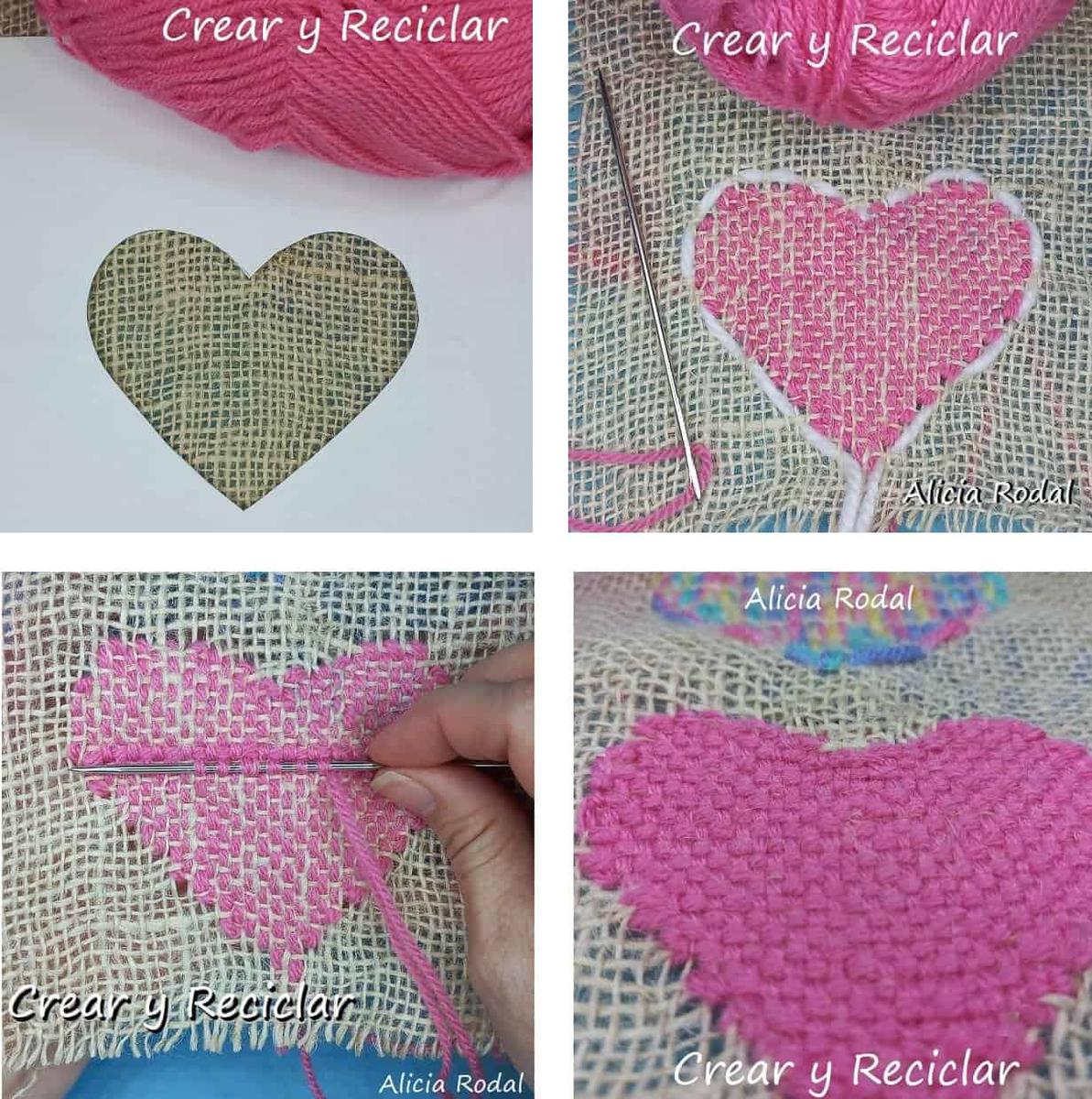 En este tutorial vamos a aprender a coser unas figuras en forma de corazones, con hilos de lana, sobre la tela de saco o yute. Para eso vamos a hacer puntos básicos en la tela de saco. Esta es la idea Nivel principiante Parte 2