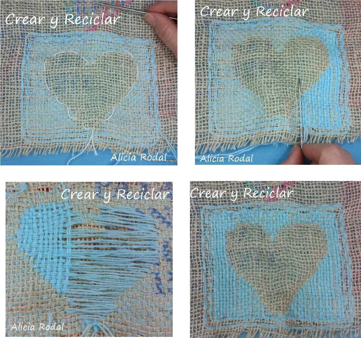 En este tutorial vamos a aprender a coser unas figuras en forma de corazones, con hilos de lana, sobre la tela de saco o yute. Para eso vamos a hacer puntos básicos en la tela de saco. Esta es la idea Nivel principiante Parte 2