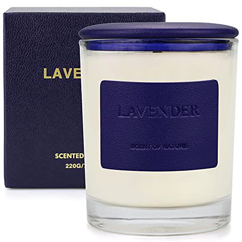Velas Perfumadas de Lavanda, Velas Aromáticas de Tarro de Vidrio Ardiente de 7.8 oz 50 Horas, Velas de Soja Totalmente Naturales, Velas de Aromaterapia de Cuero de Diseño Premium con Caja de Regalo