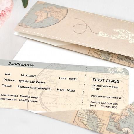Invitación de boda de viajes con forma de tarjeta de embarque