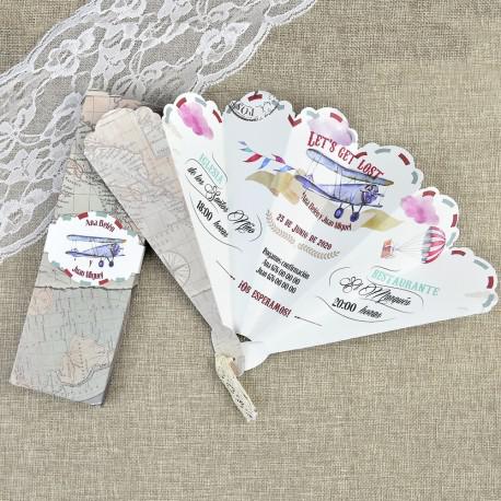 Invitación de boda de viajes con forma de abanico