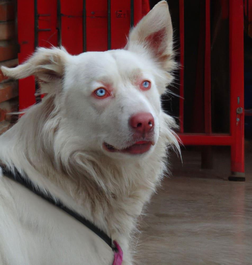 Un perro albino con su pelaje blanco y ojos rojos llamativos