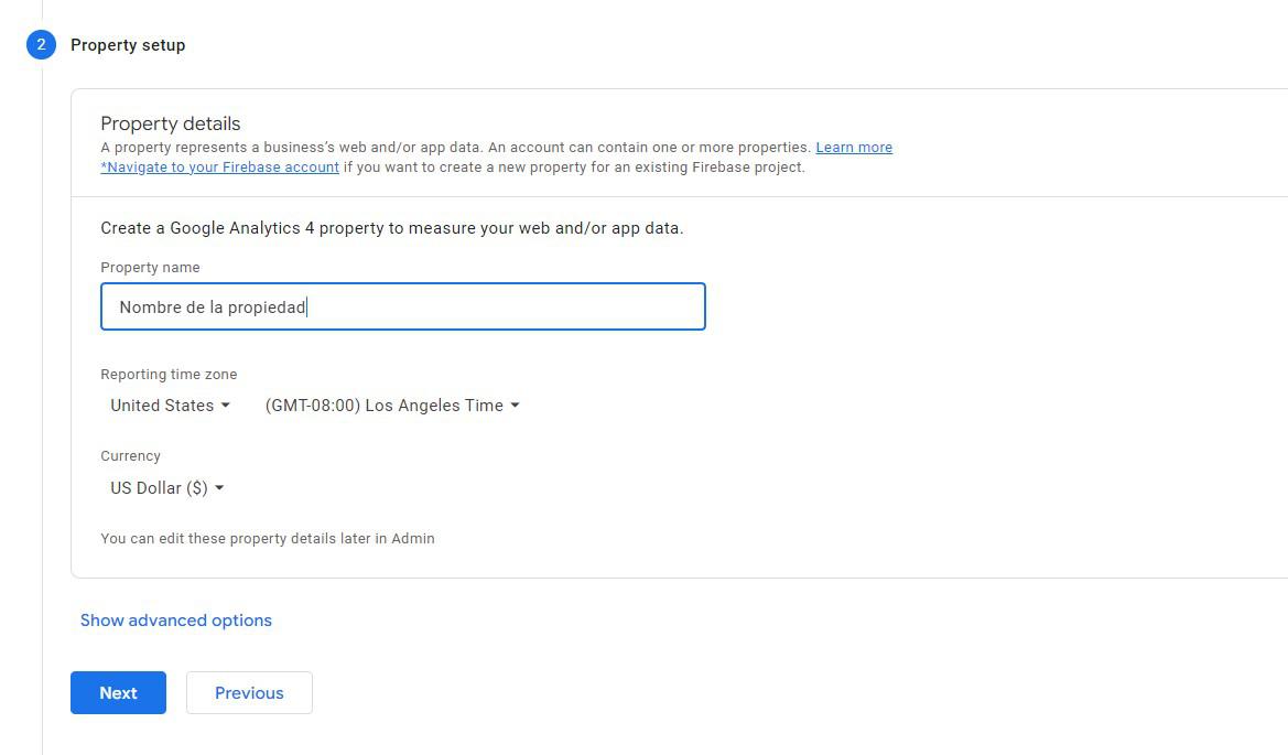 creación de una propiedad en ga4