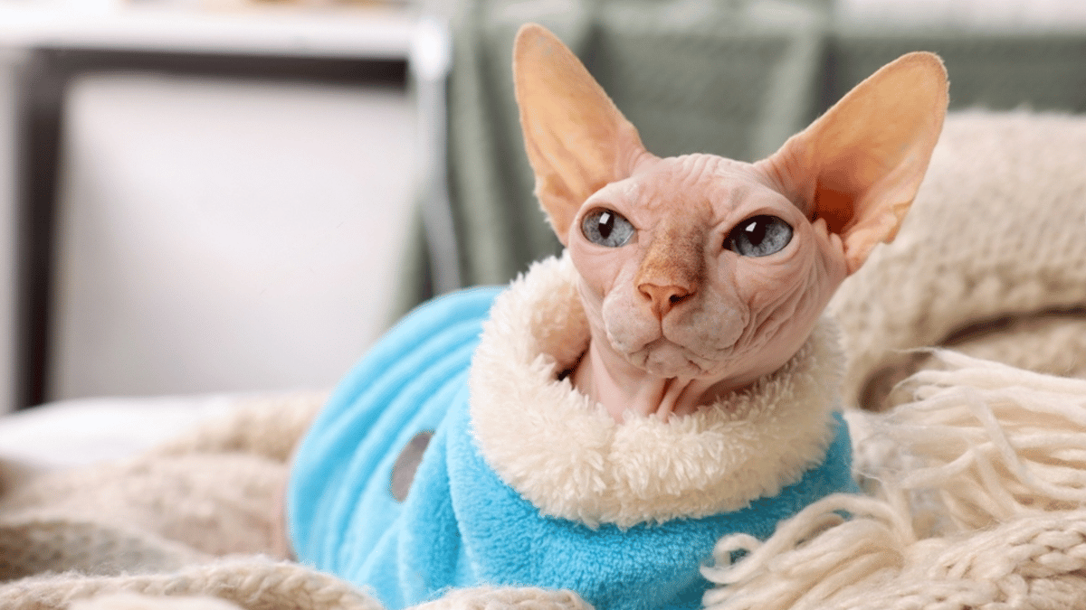 gato esfinge, sphinx con abrigo