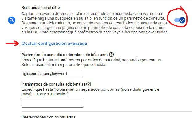 activación de medición de búsquedas en el sitio web con ga4