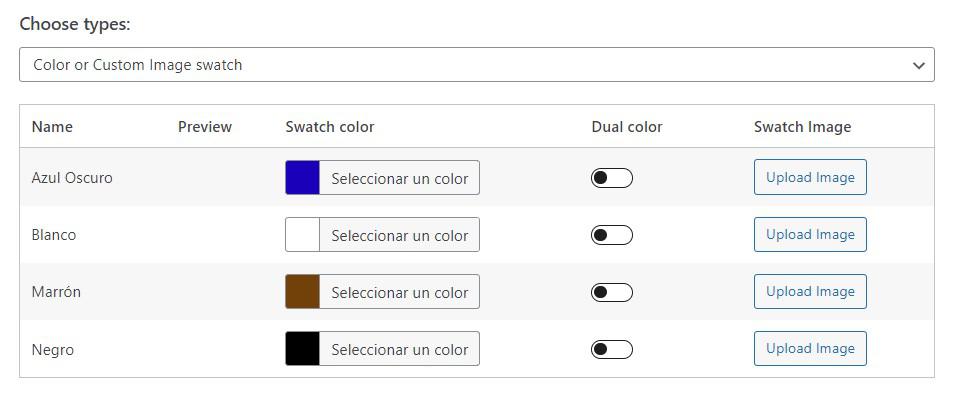 colores como atributos personalizados configurados en Woocommerce