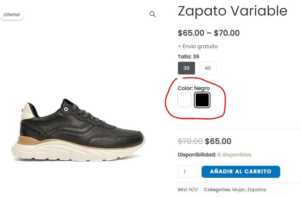 colores cambiados en la vista de producto como círculos de colores