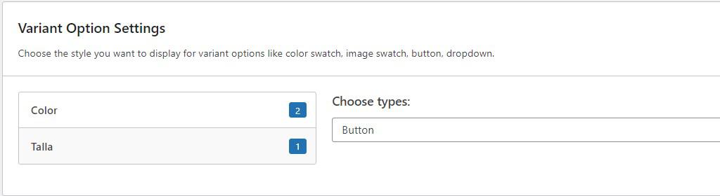 configuración de las tallas como botones