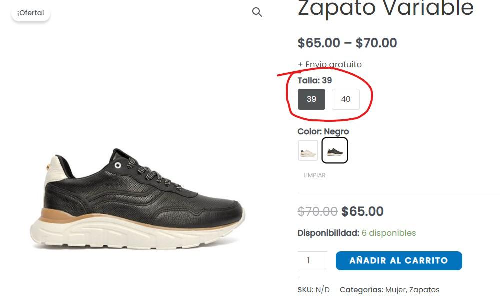 tallas como botones en la página de producto