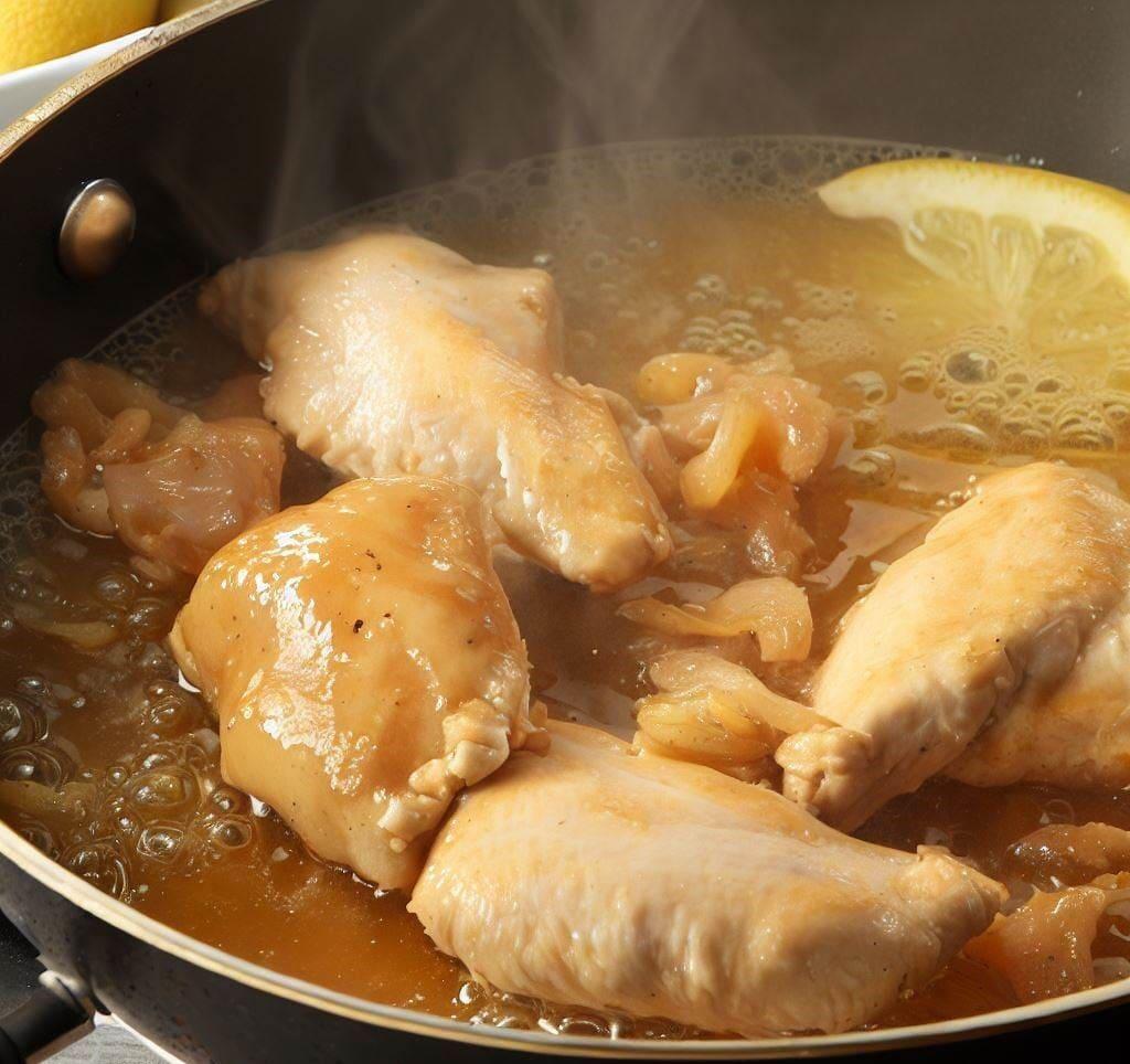 agregar vino y caldo al pollo al ajillo