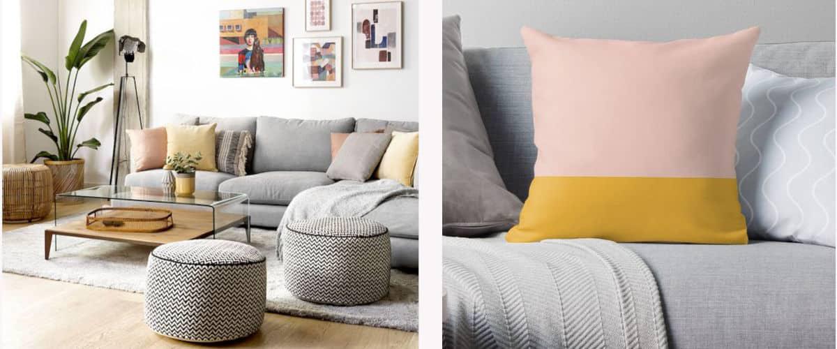 Cojines amarillos y rosados para sofá gris