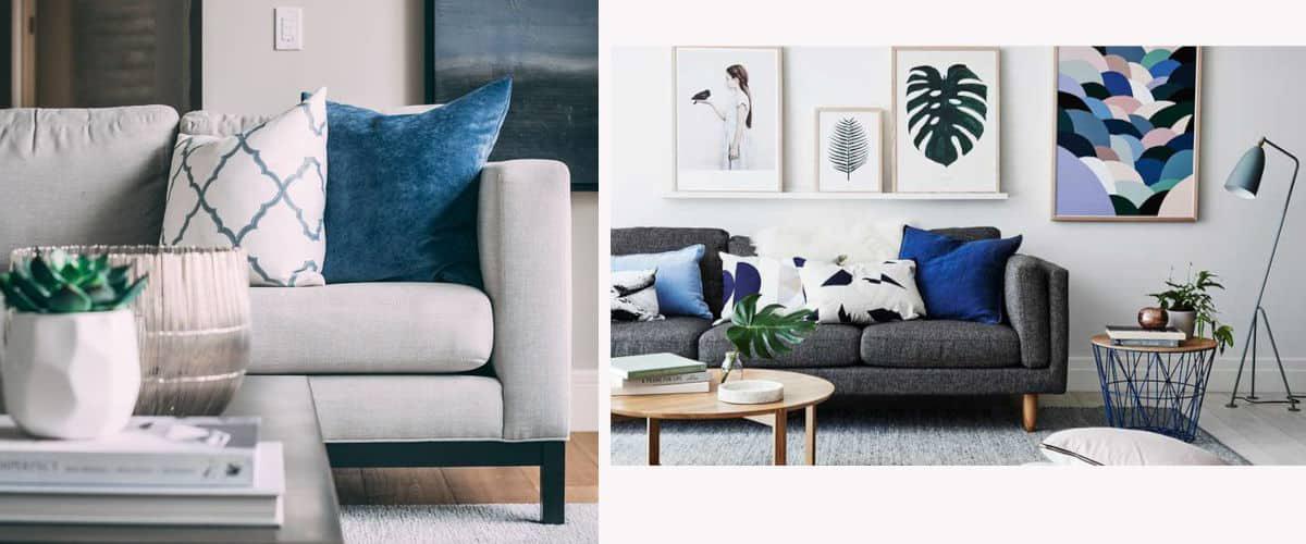 Sofá gris con cojines azules