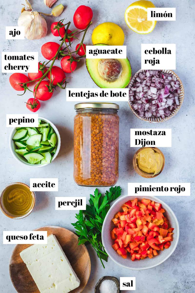 Ingredientes para ensalada de lentejas de bote