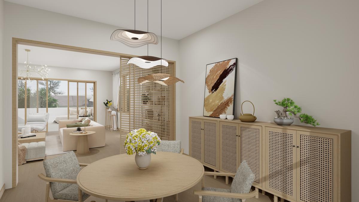 Comedor estilo Japandi con lámparas colgantes