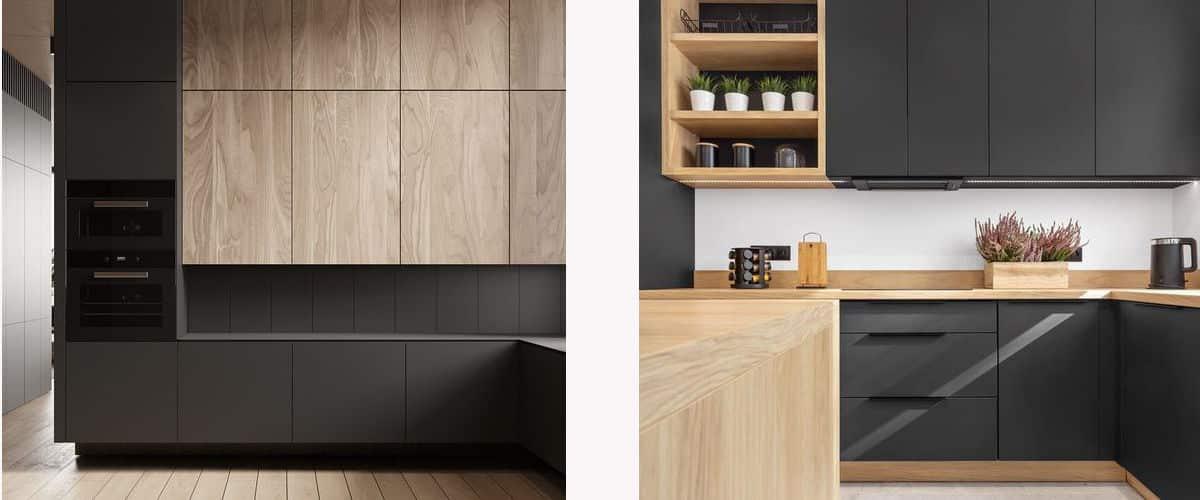 Cocinas en gris oscuro y madera