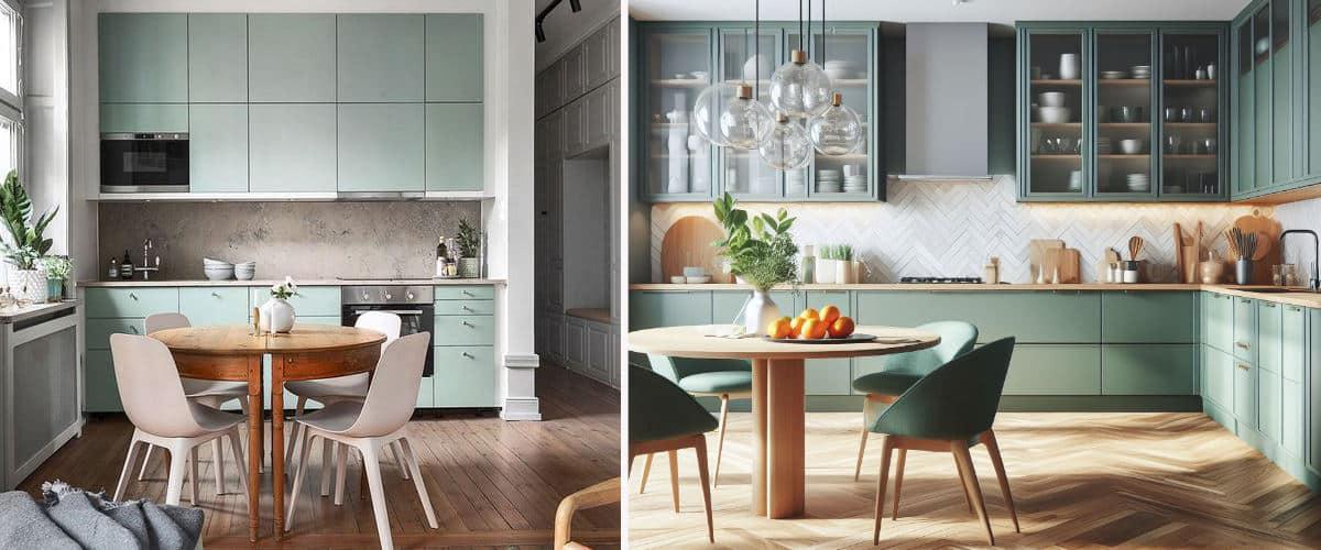 Cocina con muebles verdes y suelos de madera