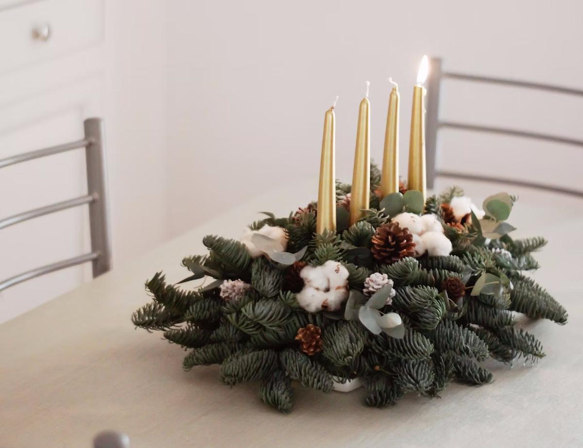 centro de mesa navideno velas pinabete