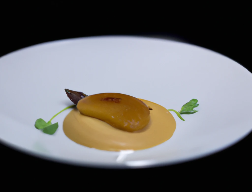 Imagen de un plato de medallón de foie presentado sobre pure de manzana con reducción de Pedro Ximenez y con un toque de perejil