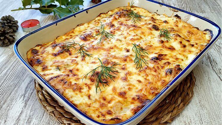 Lasaña de salmón y gambas