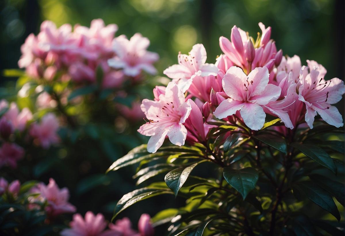 A beautiful azalea plant in full bloom, surrounded by lush green foliage and delicate flowers in various shades of pink, white, and purple