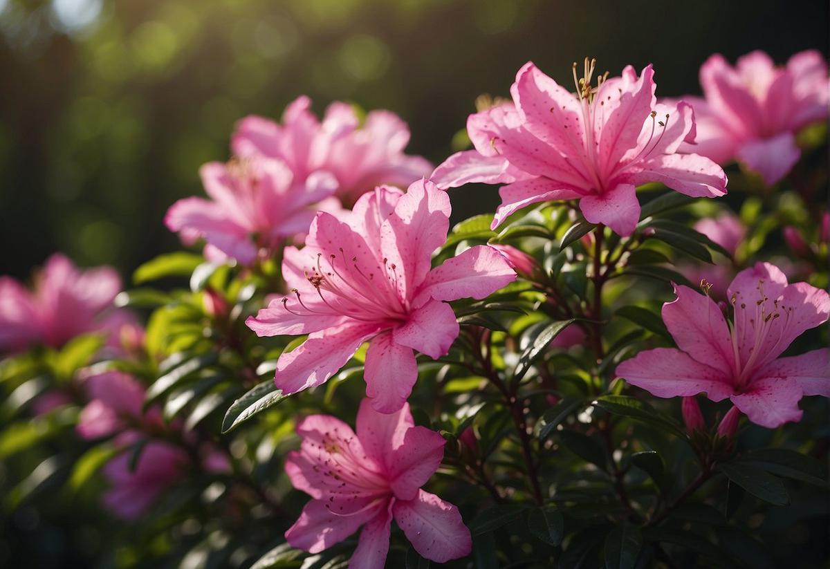 An azalea bush with vibrant blooms, surrounded by healthy green foliage. No signs of pests or disease