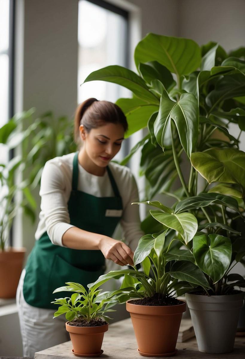 A person fertilizing and caring for a philodendron plant, with various types of philodendron and watering the plant