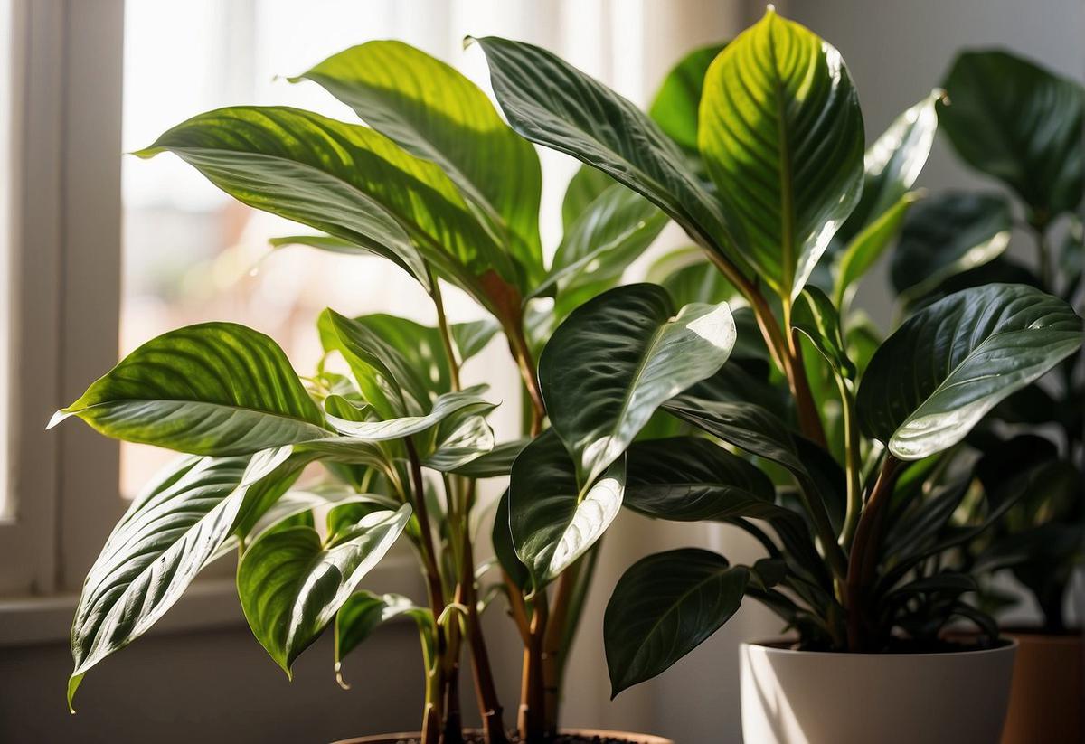 A bright room with indirect sunlight shining on a vibrant Aglaonema plant. The leaves are glossy and variegated, casting soft shadows on the surrounding surfaces