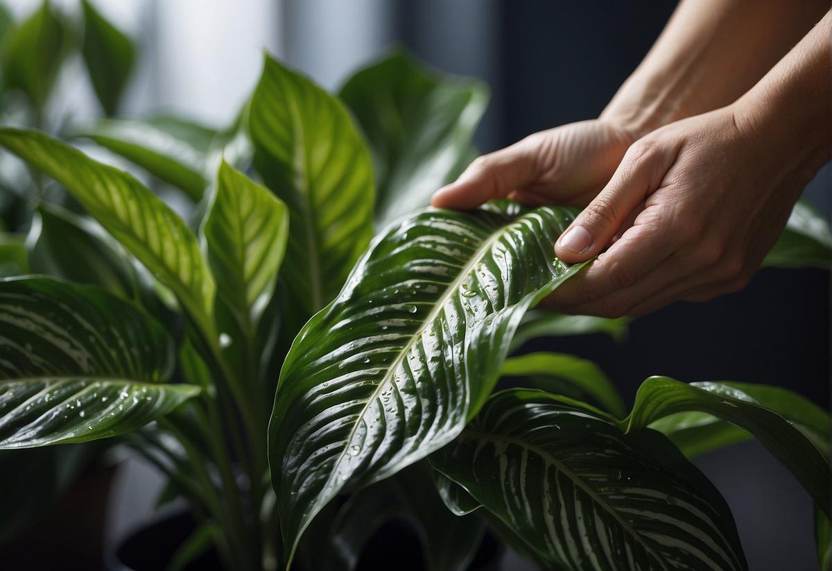 A hand gently wipes the glossy leaves of an Aglaonema plant with a damp cloth, removing dust and maintaining its vibrant green color