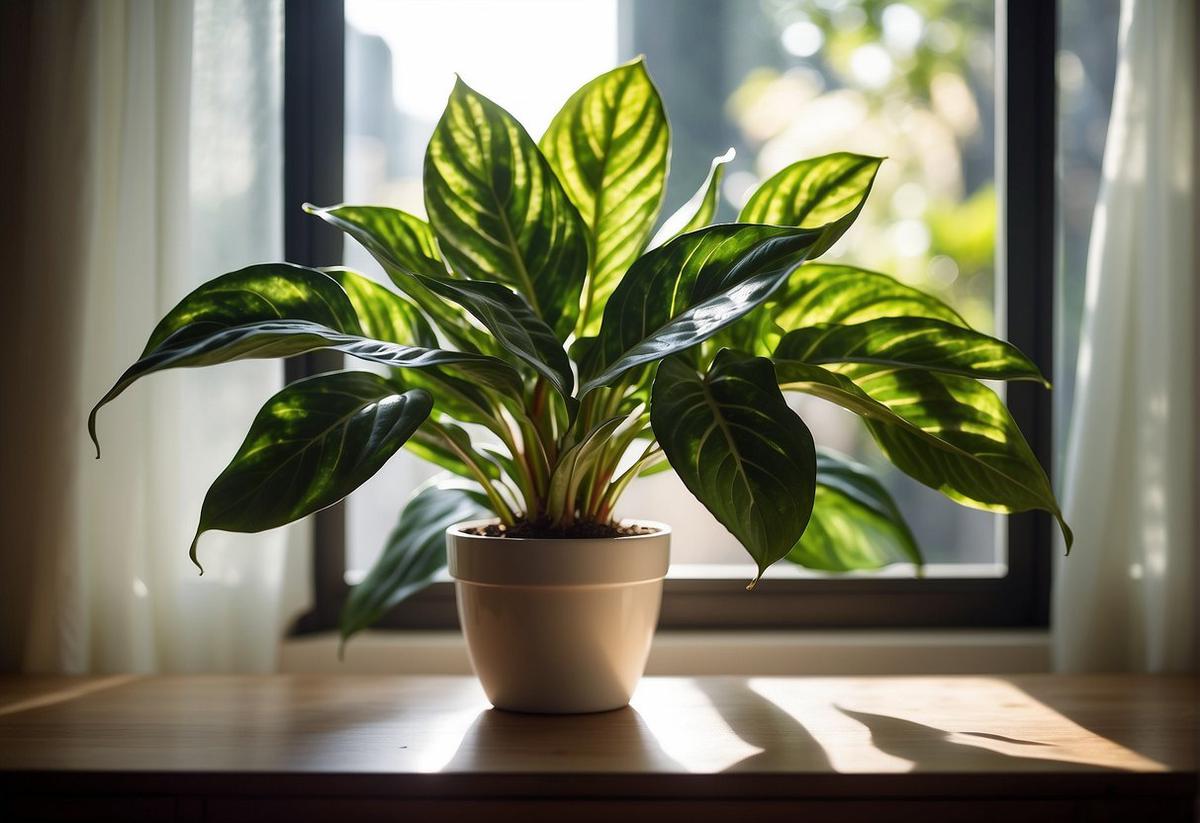 Una vibrante planta Aglaonema se encuentra en una habitación luminosa y aireada, con la luz del sol entrando por la ventana, proyectando suaves sombras sobre sus exuberantes y abigarradas hojas.
