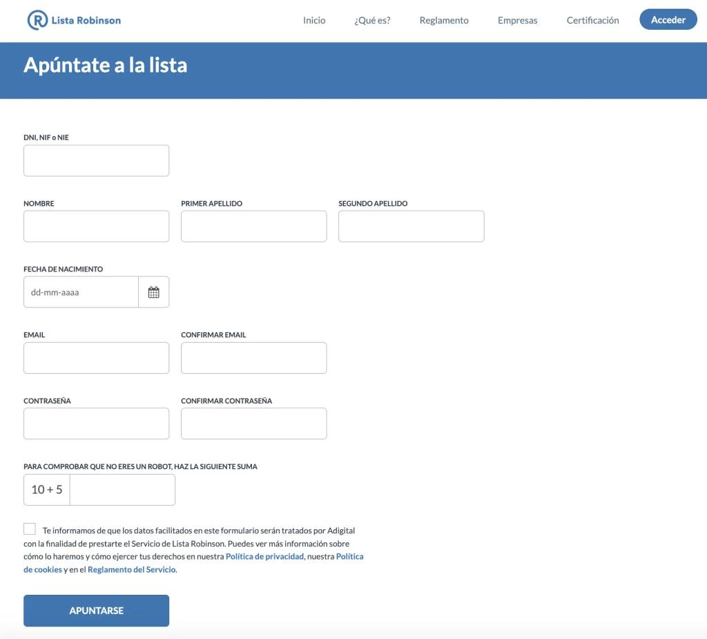 Datos para darte de alta en la Lista Robinson